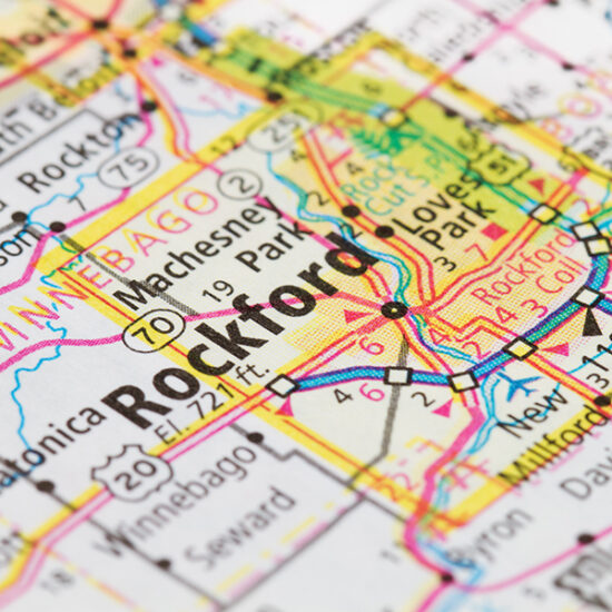 A close up view of Rockford on a map