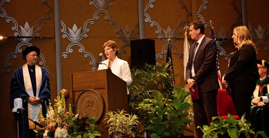 Representatives from Taylorville Memorial Hospital, Lincoln Memorial Hospital and Jacksonville Memorial Hospital attended Convocation in order to accept the 2023 Distinguished Community Award.