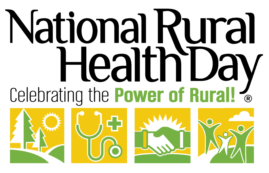 National Rural Health Day Celebrating the Power of Rural  it's a registered trademark. With rural images including trees, stethoscope, handshake and people in green, yellow and white