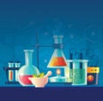 Beakers, lab equipment and research materials prepared for student researchers