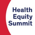 Health Equity Summit in Navy Pier blue on white circle edged in Flames Red