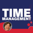 Blue and red background with red circles and face of Susan Johnson, MD, MS. Time Management
