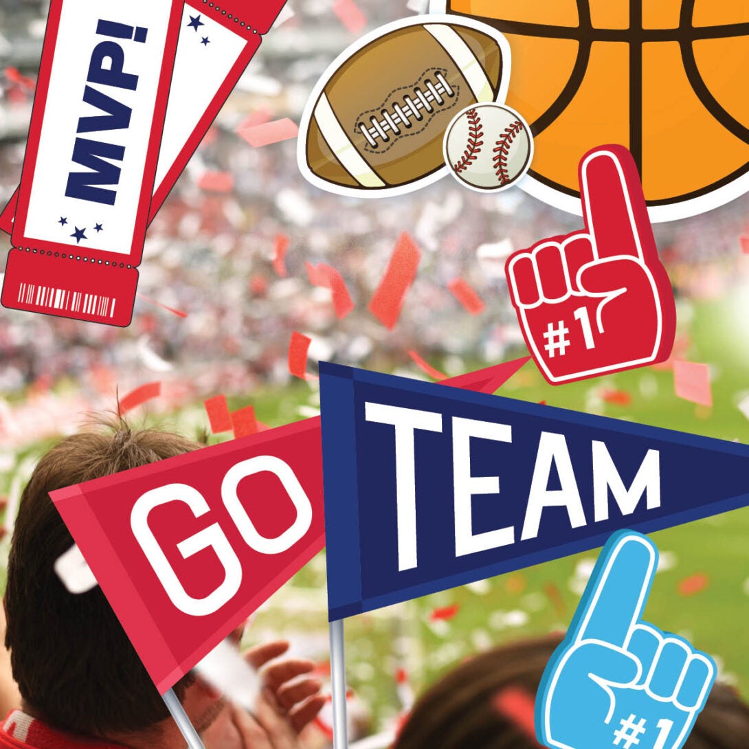 Sporting Event items with red tickets, red and blue pendants and foam fingers along with sport balls.