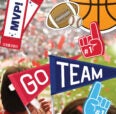 Sporting Event items with red tickets, red and blue pendants and foam fingers along with sport balls.