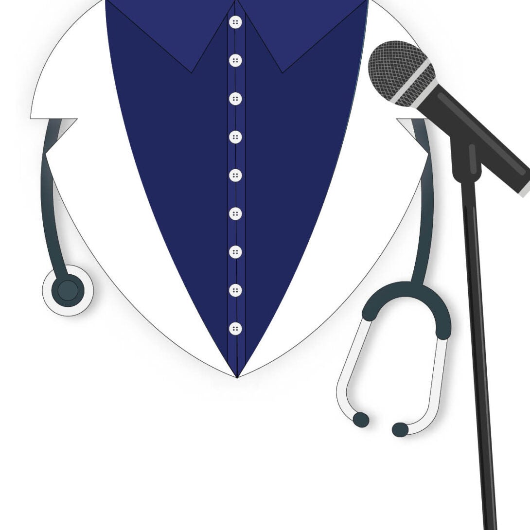 white jacket and navy button up with stethoscope and microphone