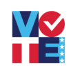 VOTE four square in red, white, blue and light blue featuring stars and a checkmark