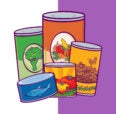 Cans of tuna (blue), tomatoes and mixed vegetables (orange and red) and beans (yellow)