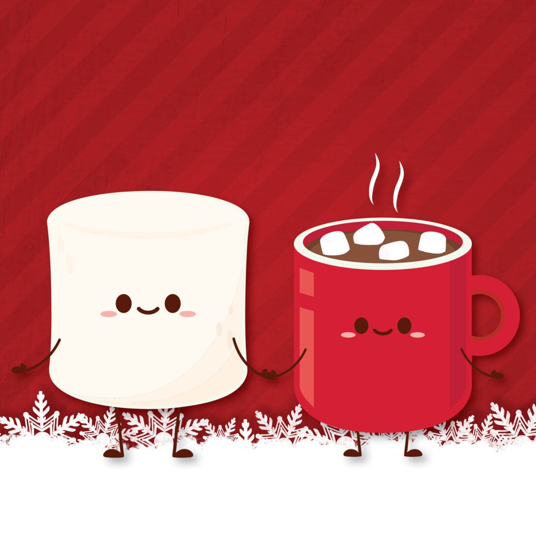 Happy marshmallow and cup of cocoa holding hands on snowy walkway