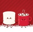 Happy marshmallow and cup of cocoa holding hands on snowy walkway