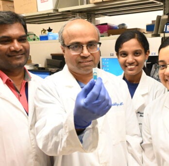 Mathew Mathew Thoppil, PhD, (second from left) recently received a $50,000 Phase I Proof of Concept Award from UIC Innovation, which will be used to develop biosensor technology to detect pancreatic cancer. 